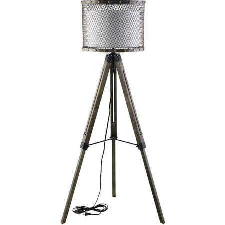 PRIMEWIR Fortune Floor Lamp with Fabric Drum Shade in Steel Mesh on Wood Tripod EEI-1571